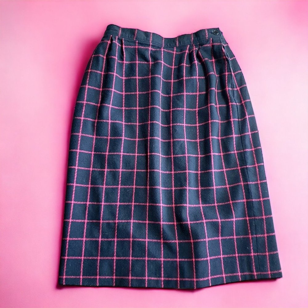 Pendleton Virgin Wool Women Size 12 Skirt Short Pencil BLACK PINK Waist 28"